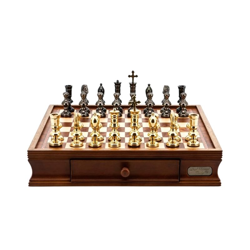 Dal Rossi Dark Titanium & Gold Chess Pieces On 40cm Walnut Finish Chess Board With Two Drawers