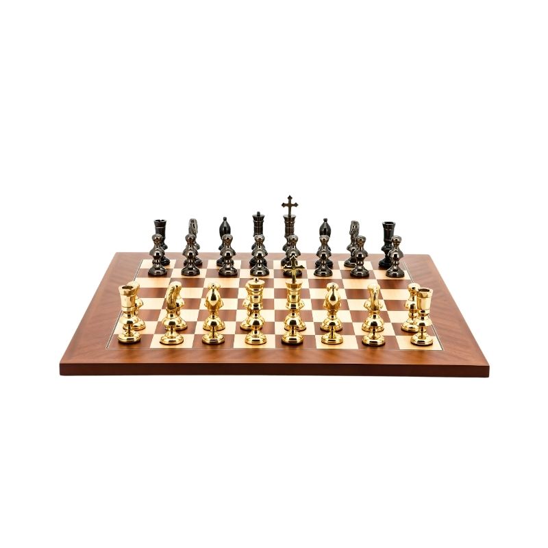 Dal Rossi Dark Titanium & Gold Metal Chess Pieces On 50cm Mahogany Maple Chess Board