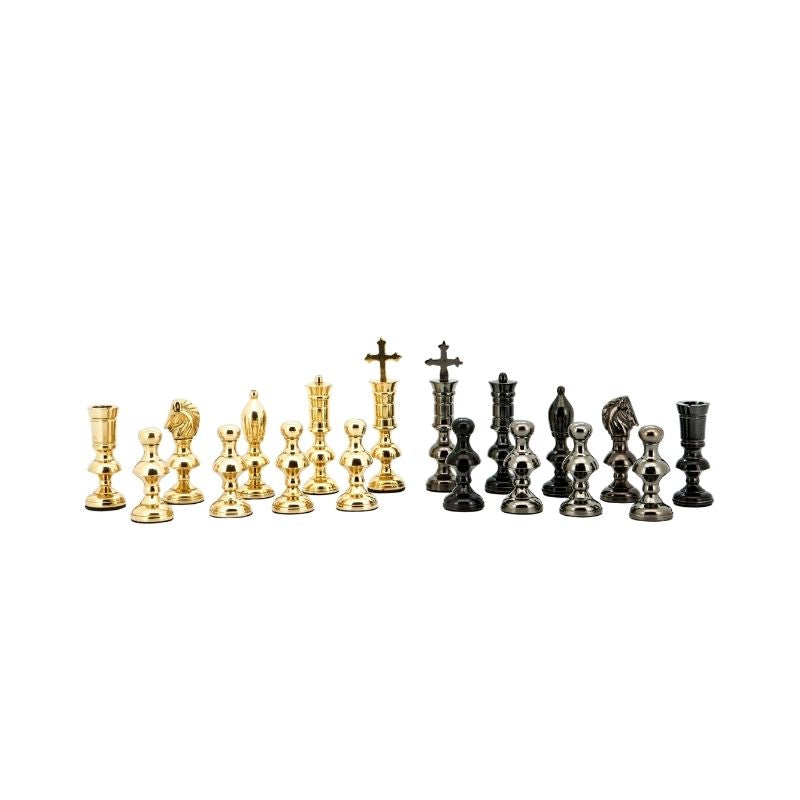 Dal Rossi Dark Titanium & Gold Metal Chess Pieces On 50cm Walnut Finish Chess Board With Compartments