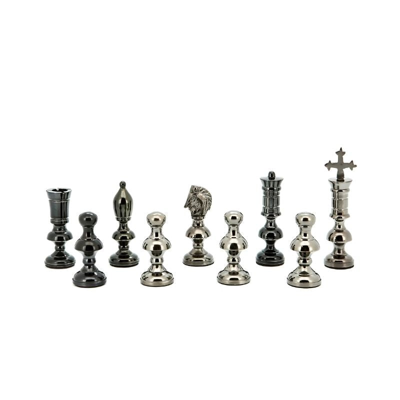 Dal Rossi Dark Titanium & Gold Metal Chess Pieces On 50cm Walnut Finish Chess Board With Compartments