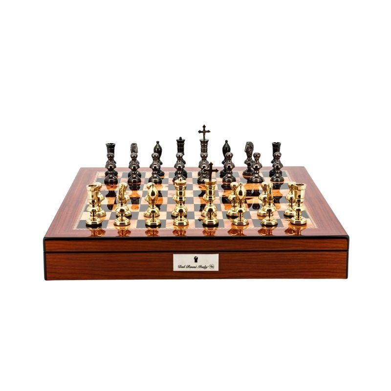 Dal Rossi Dark Titanium & Gold Metal Chess Pieces On 50cm Walnut Finish Chess Board With Compartments