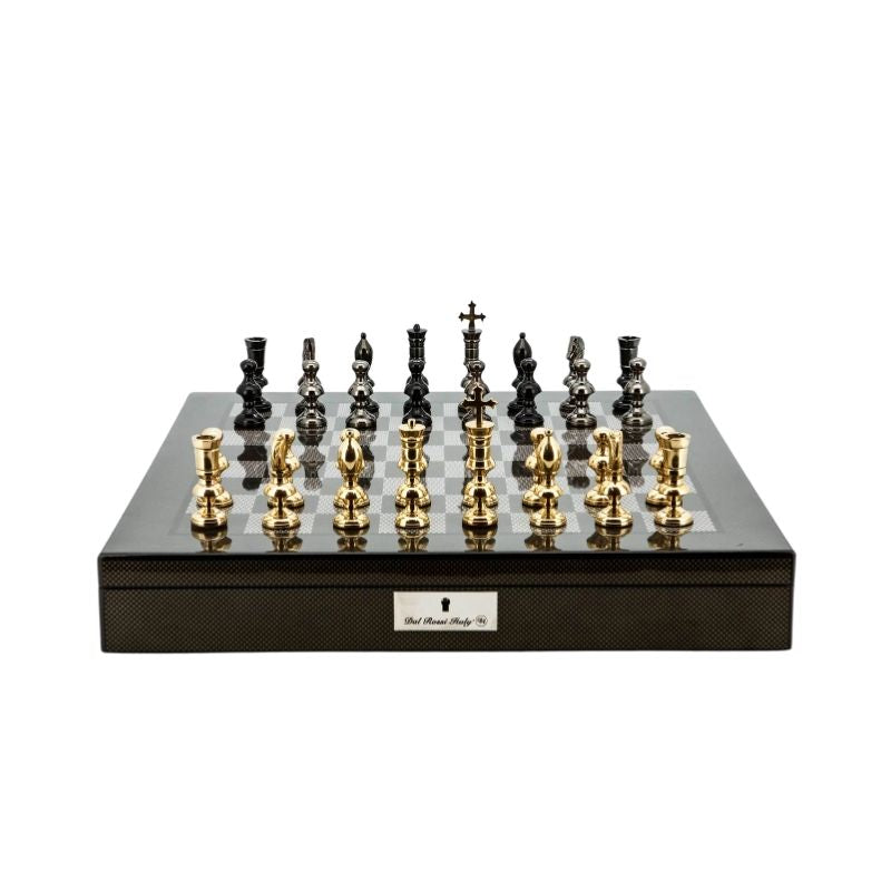 Dal Rossi Dark Titanium & Gold Metal Chess Pieces On 50cm Carbon Fibre Chess Board With Compartments
