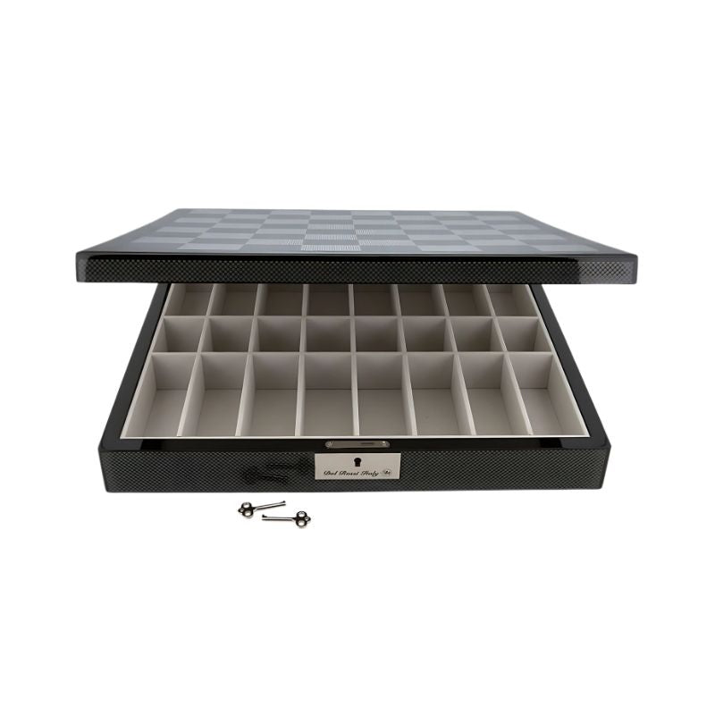 Dal Rossi Dark Titanium & Gold Metal Chess Pieces On 50cm Carbon Fibre Chess Board With Compartments