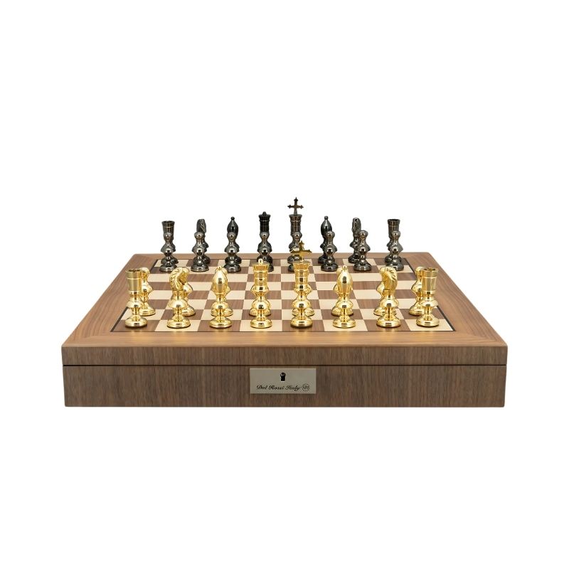 Dal Rossi Dark Titanium & Gold Metal Chess Pieces On 50cm Walnut Inlaid Chess Board With Compartments