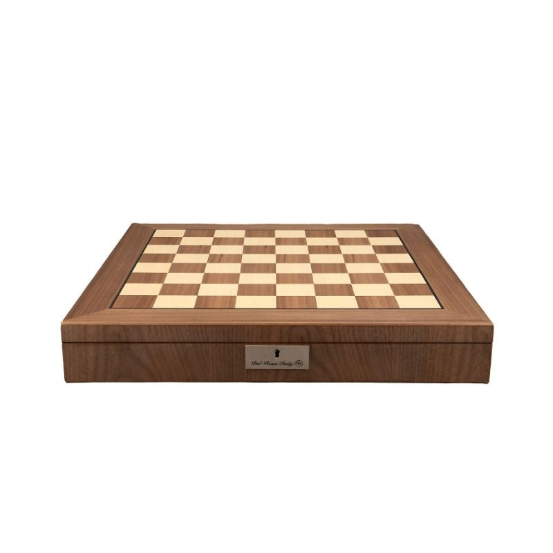 Dal Rossi Dark Titanium & Gold Metal Chess Pieces On 50cm Walnut Inlaid Chess Board With Compartments