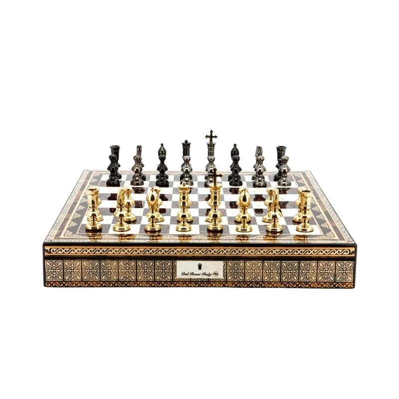 Dal Rossi Dark Titanium & Gold Metal Chess Pieces On 50cm Mosaic Finish Chess Board With Compartments