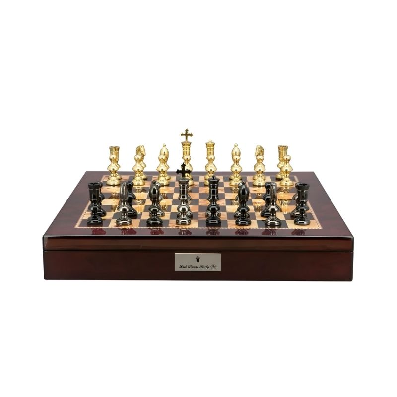 Dal Rossi Dark Titanium & Gold Metal Chess Pieces On 50cm Chess Board With Compartments