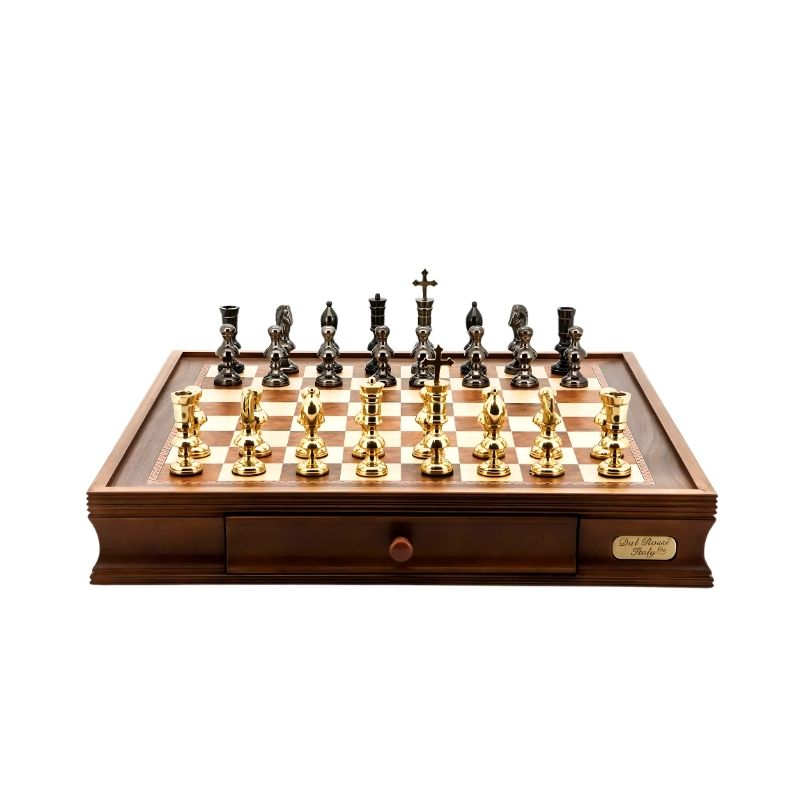 Dal Rossi Dark Titanium & Gold Metal Chess Pieces On 50cm Walnut Finish Chess Board With Two Drawers