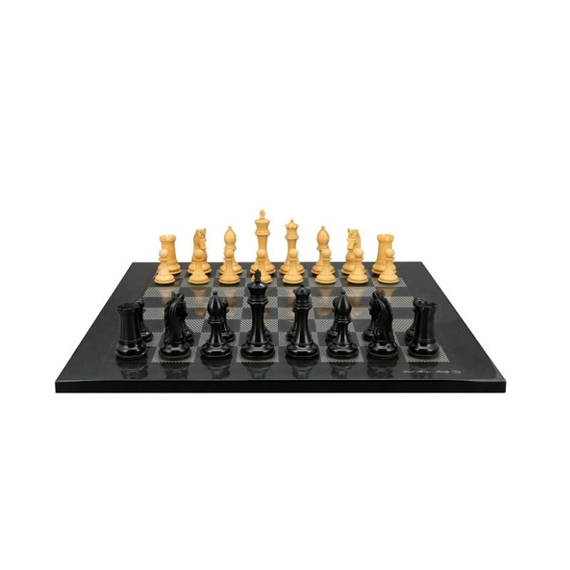 Dal Rossi Ebony Boxwood Chess Pieces On 50cm Carbon Fibre Finish Chess Board