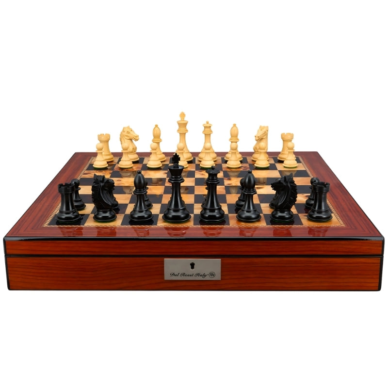 Dal Rossi Ebony Boxwood Double Weighted Chess Pieces On 50cm Walnut Finish Chess Board With Compartments
