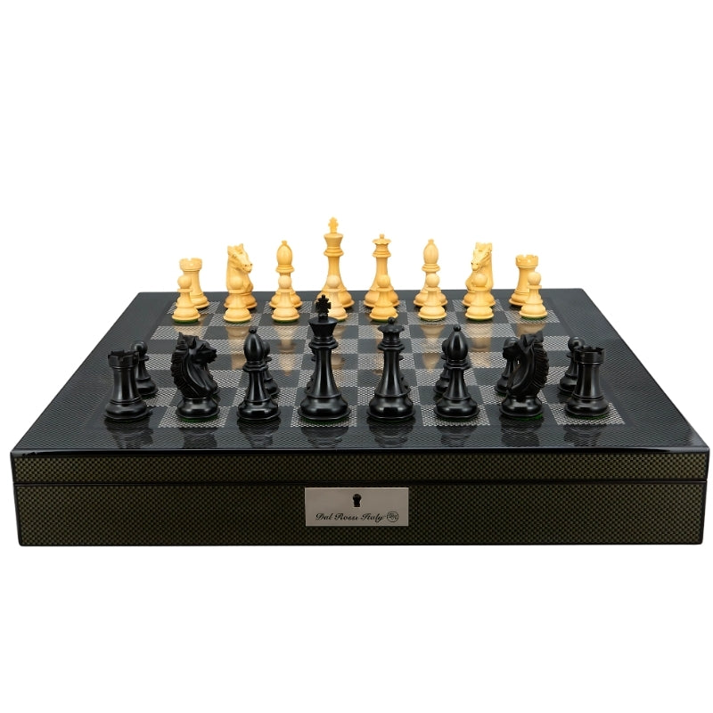 Dal Rossi Ebony Boxwood Double Weighted Chess Pieces On 50cm Carbon Fibre Chess Board With Compartments