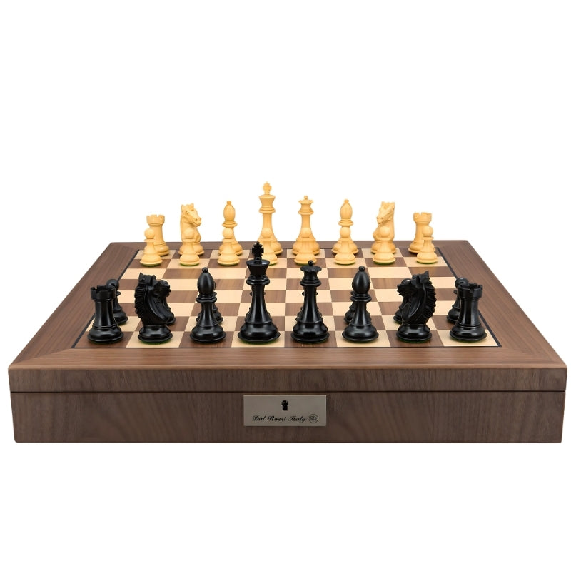 Dal Rossi Ebony Boxwood Double Weighted Chess Pieces On 50cm Walnut Inlaid Chess Board With Compartments