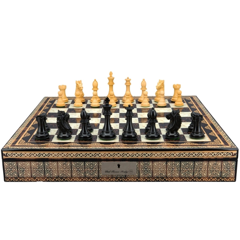 Dal Rossi Ebony Boxwood Double Weighted Chess Pieces On 50cm Mosaic Finish Chess Board With Compartments