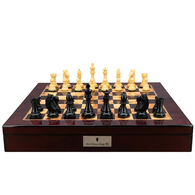 Dal Rossi Ebony Boxwood Double Weighted Chess Pieces On 50cm Mahogany Finish Chess Board With Compartments