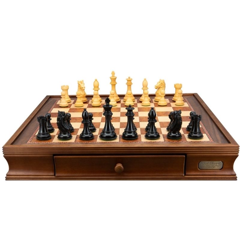 Dal Rossi Ebony Boxwood Double Weighted Chess Pieces On 50cm Walnut Inlaid Chess Board With Drawers