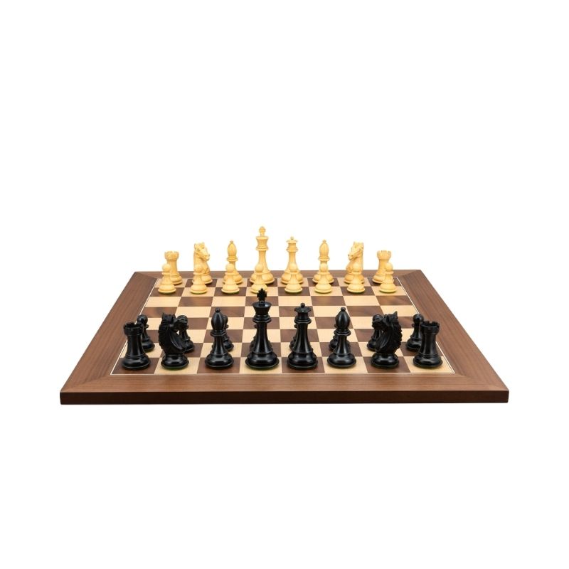 Dal Rossi Ebony Boxwood Finish Chess Pieces On 50cm Walnut Inlaid Chess Board