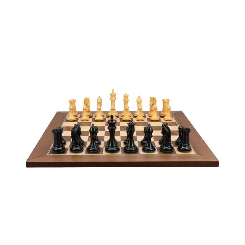 Dal Rossi Ebony Boxwood Finish Chess Pieces On 50cm Walnut Inlaid Chess Board