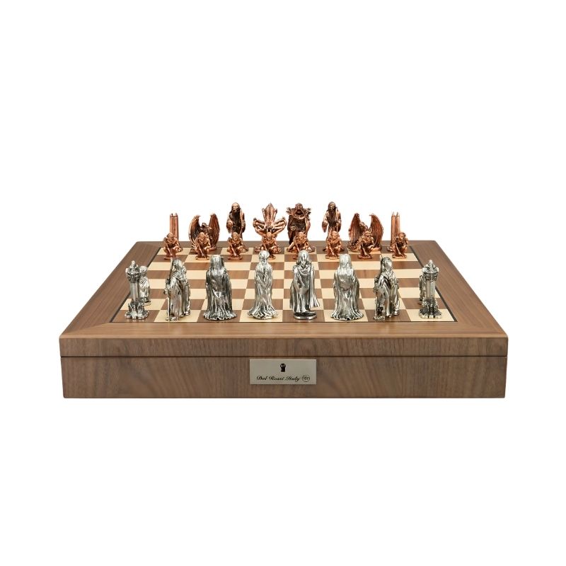 Dal Rossi Evil Ring Metal Chess Pieces On 50cm Walnut Inlaid Chess Board With Compartments