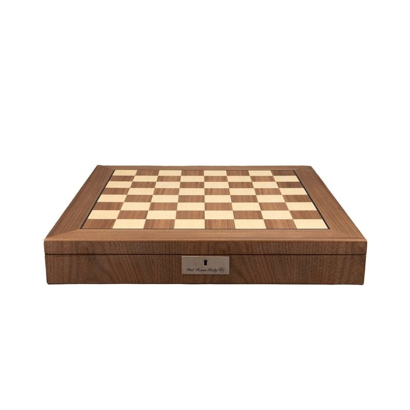 Dal Rossi Gold Plated Chess Pieces On 50cm Walnut Inlaid Chess Board With Compartments