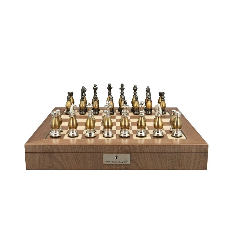 Dal Rossi Gold Plated Chess Pieces On 50cm Walnut Inlaid Chess Board With Compartments