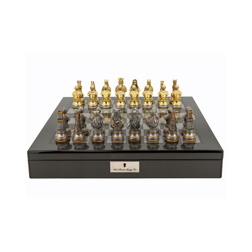 Dal Rossi Italy Medieval Warrior Chess Set on Carbon Fibre Shiny Finish Chess Box 20” with Compartments 1