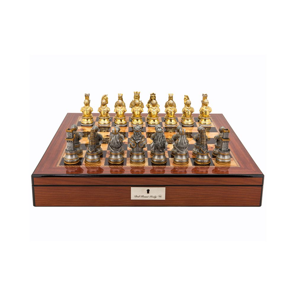 Dal Rossi Italy Medieval Warrior Chess Set on Walnut Finish Chess Box 20” with Compartments 1