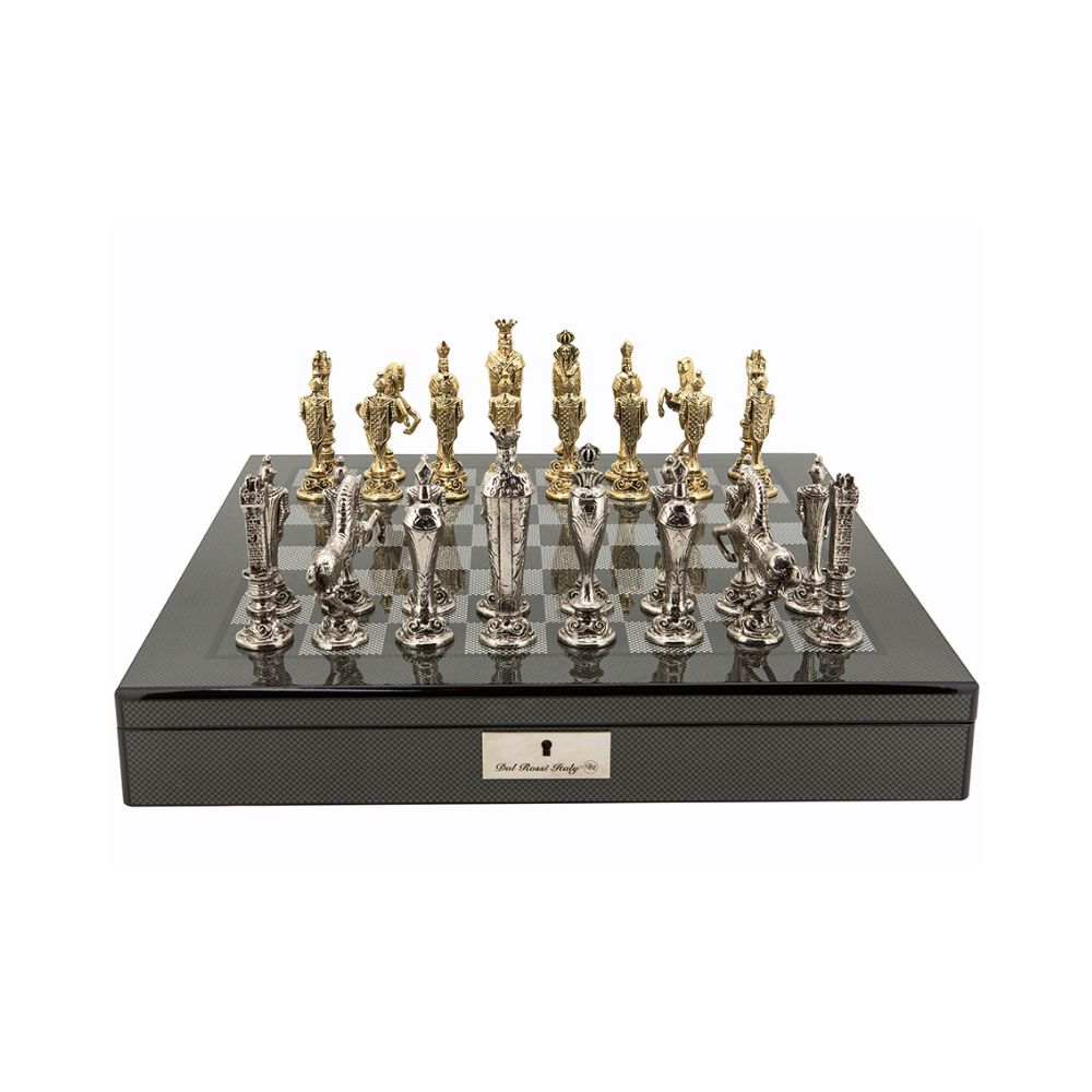 Dal Rossi Italy Renaissance Chess Set on Carbon Fibre Shiny Finish Chess Box 20” with Compartments 1