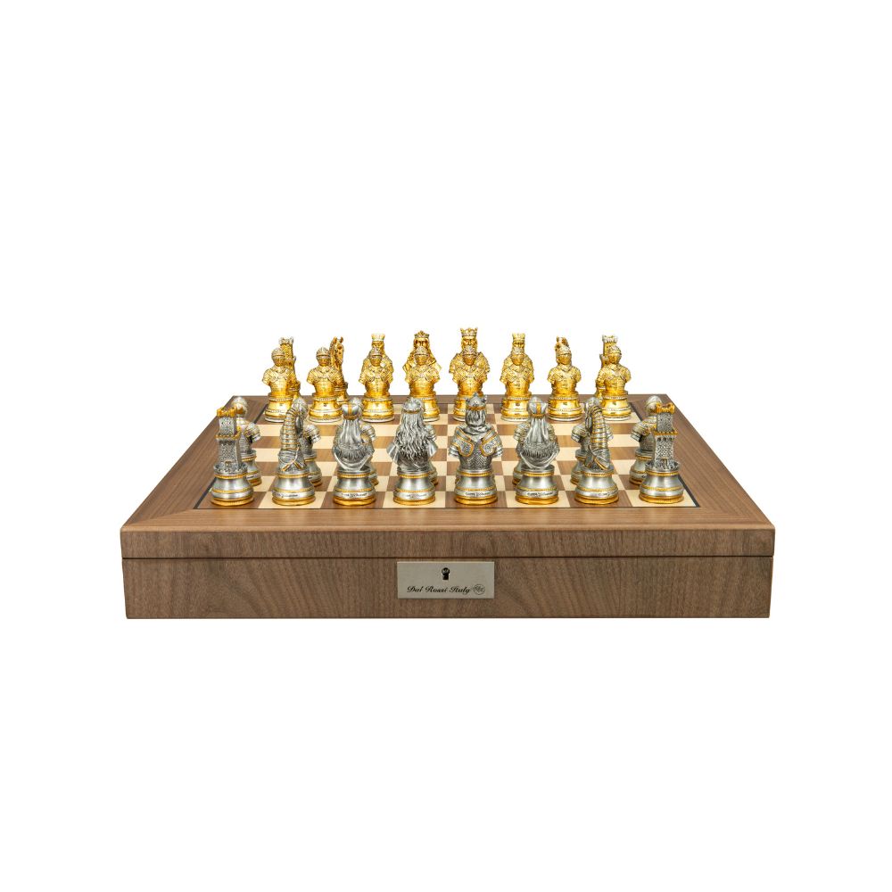 Dal Rossi Italy Medieval Warriors chessmen on a Walnut Inlaid Chess Box with Compartments 20" 1