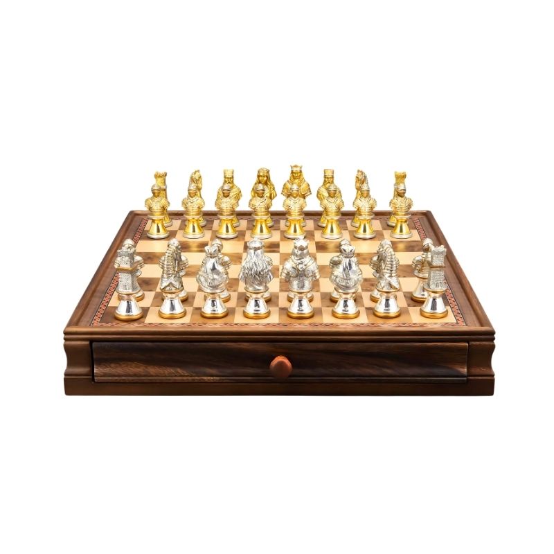 Dal Rossi Medieval Warriors Metal Chess Pieces On 38cm Walnut Chess Board With Drawer