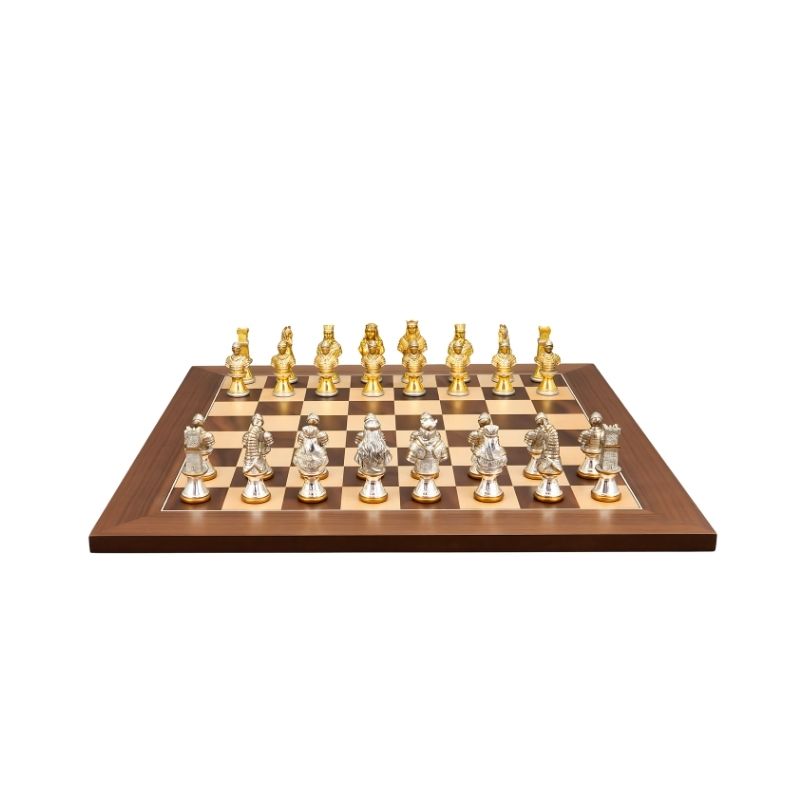Dal Rossi Medieval Warriors Metal Chess Pieces On 50cm Walnut Inlaid Chess Board