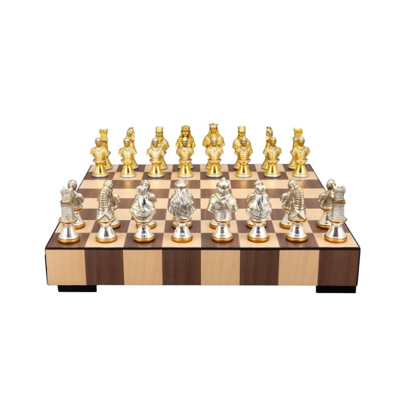 Dal Rossi Medieval Warriors Metal Chess Pieces On 36cm Walnut Chess Board With Drawer