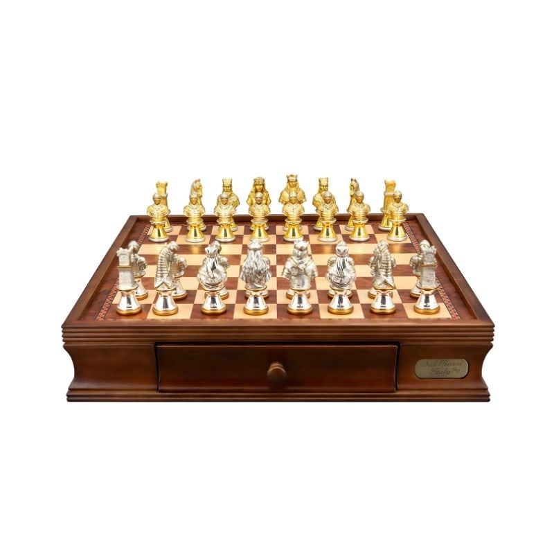 Dal Rossi Medieval Warriors Metal Chess Pieces On 40cm Walnut Inlaid Chess Board With Drawers