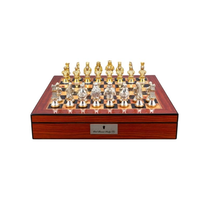 Dal Rossi Medieval Warriors Metal Chess Pieces On 40cm Walnut Finish Chess Board With Compartments