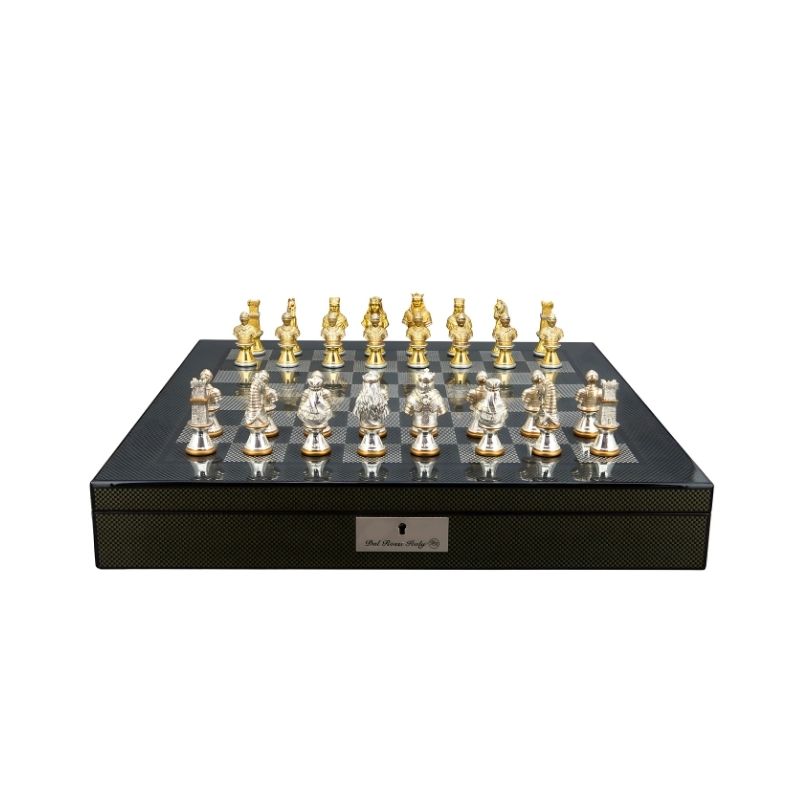 Dal Rossi Medieval Warriors Metal Chess Pieces On 50cm Carbon Fibre Chess Board With Compartments