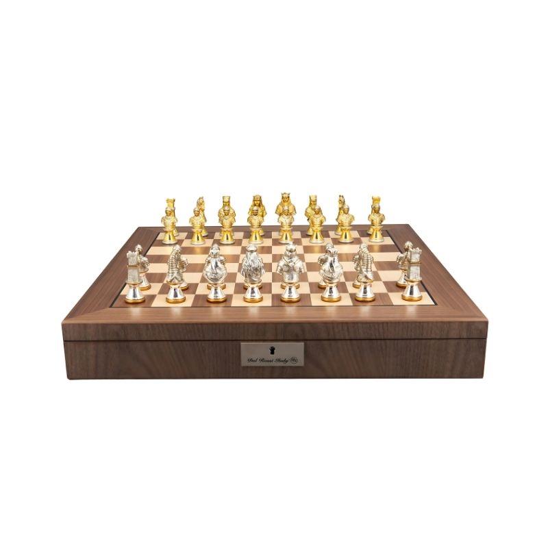 Dal Rossi Medieval Warriors Metal Chess Pieces On 50cm Walnut Inlaid Chess Board With Compartments