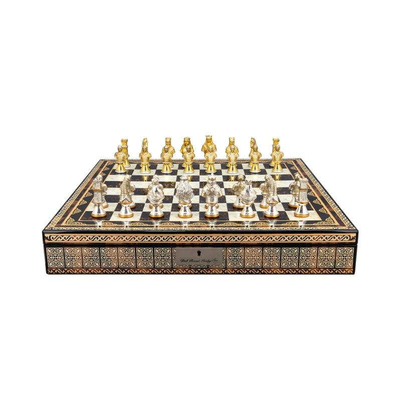 Dal Rossi Medieval Warriors Metal Chess Pieces On 50cm Mosaic Finish Chess Board With Compartments