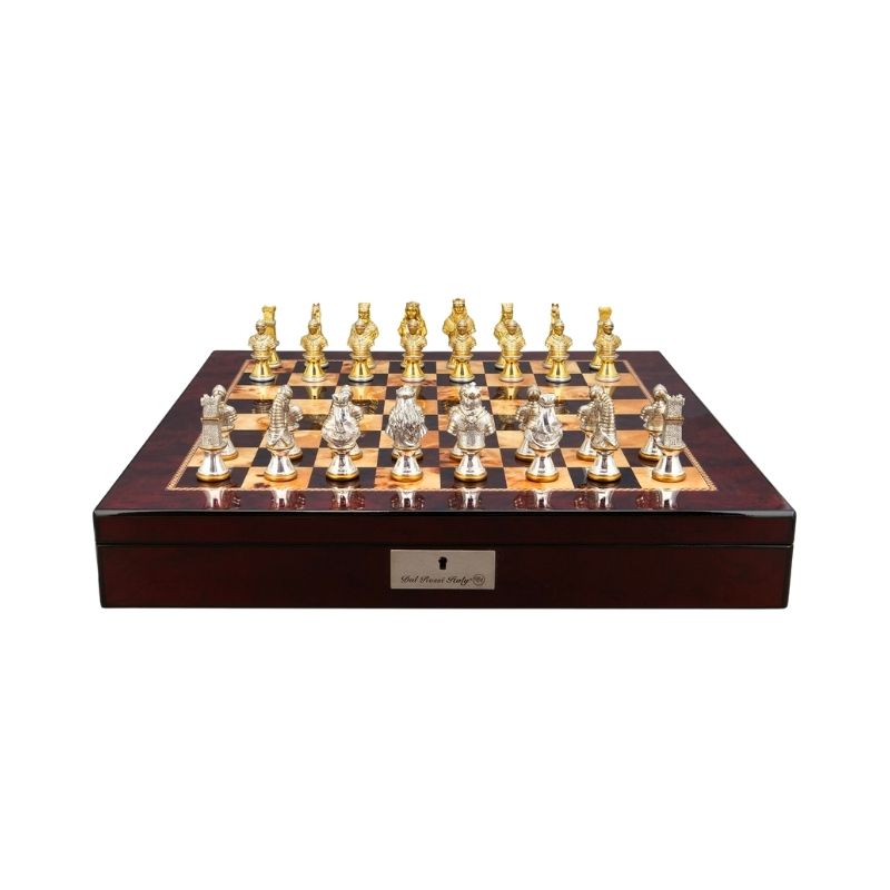 Dal Rossi Medieval Warriors Metal Chess Pieces On 50cm Mahogany Finish Chess Board With Compartments