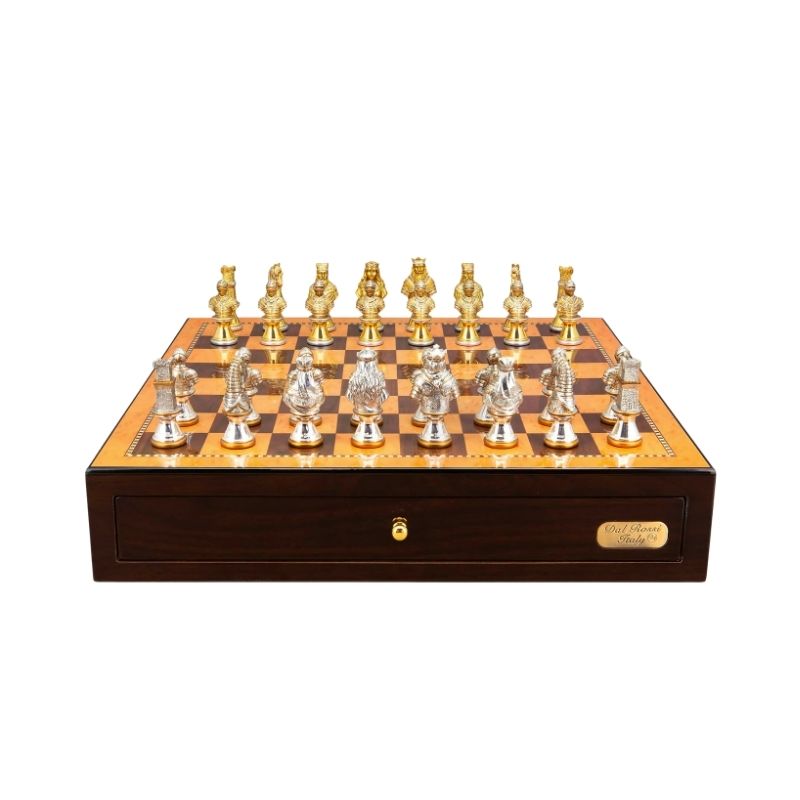 Dal Rossi Medieval Warriors Metal Chess Pieces On 48cm Walnut Chess Board With Two Drawers