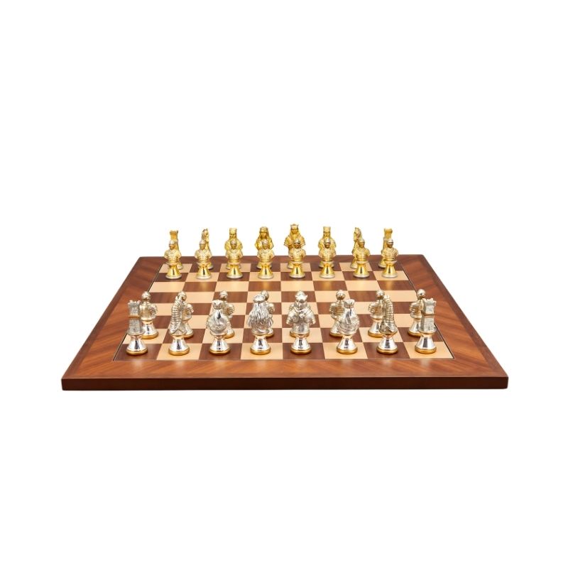 Dal Rossi Medieval Warriors Metal Chess Pieces On 50cm Mahogany Maple Chess Board