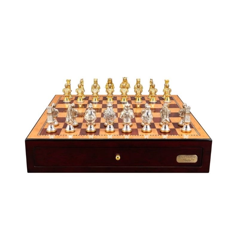 Dal Rossi Medieval Warriors Metal Chess Pieces On 48cm Mahogany Chess Board With Two Drawers