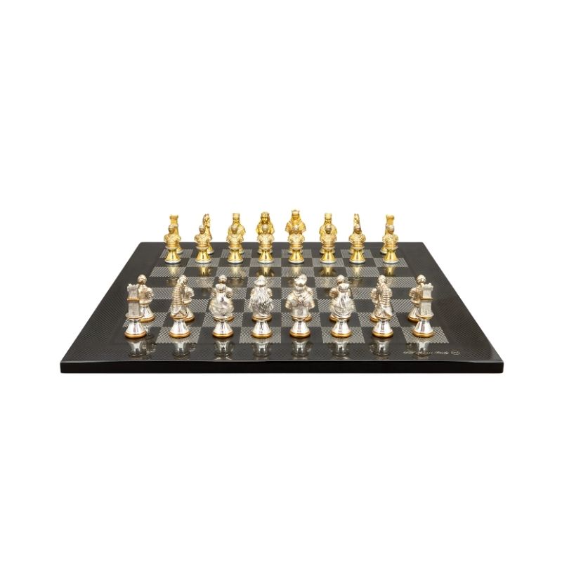 Dal Rossi Medieval Warriors Metal Chess Pieces On 50cm Carbon Fibre Finish Chess Board