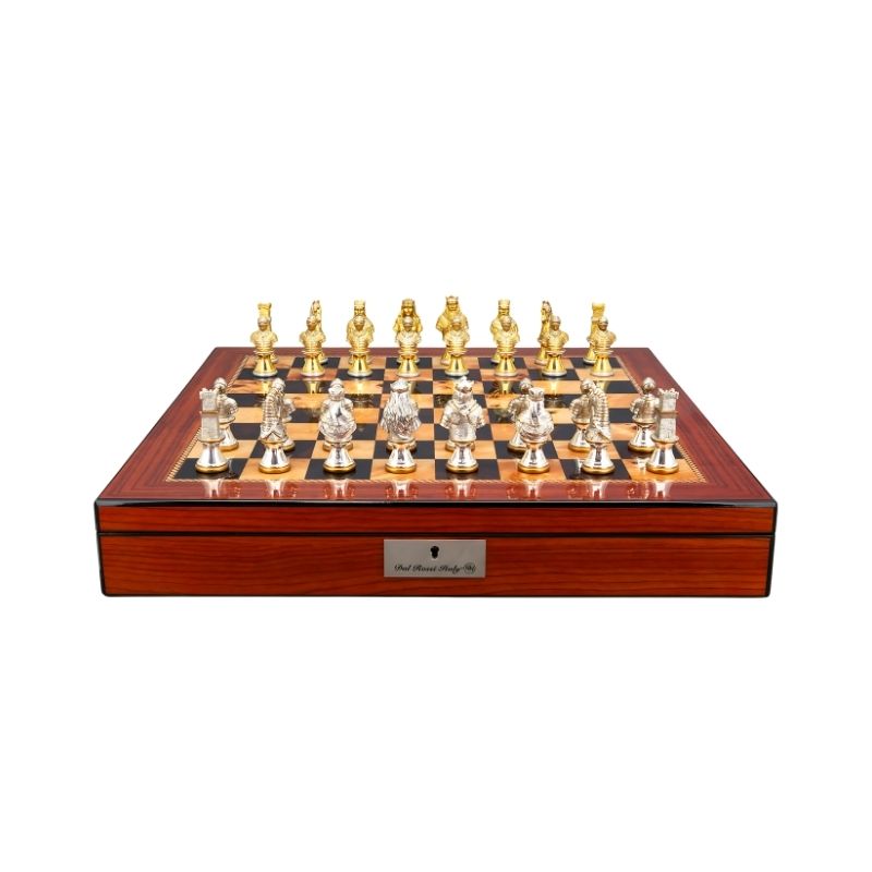 Dal Rossi Medieval Warriors Metal Chess Pieces On 50cm Walnut Inlaid Chess Board With Drawers