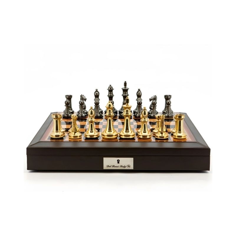 Dal Rossi Staunton Brass Chess Pieces On 45cm Brown And White PU Leather Chess Board With Compartments