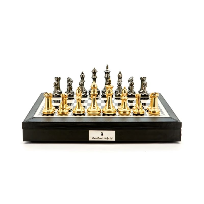 Dal Rossi Staunton Brass Chess Pieces On 45cm Black And White PU Leather Chess Board With Compartments