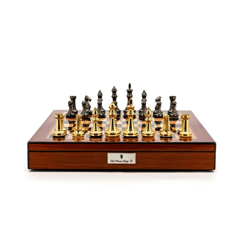 Dal Rossi Staunton Brass Chess Pieces On 50cm Walnut Chess Board With Compartments