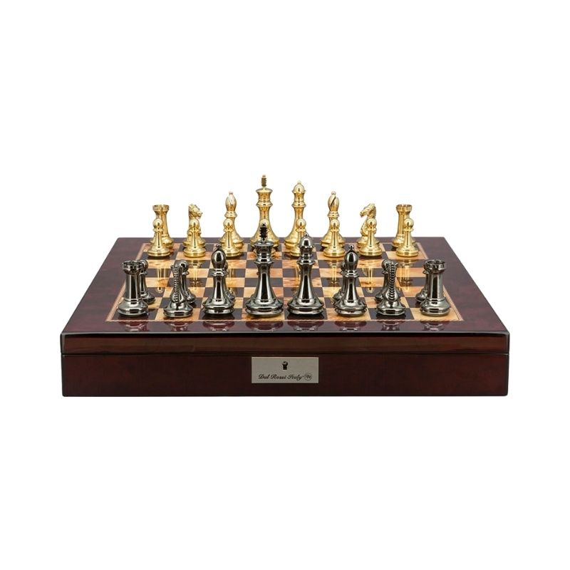 Dal Rossi Staunton Brass Chess Pieces On 50cm Mahogany Finish Chess Board With Compartments