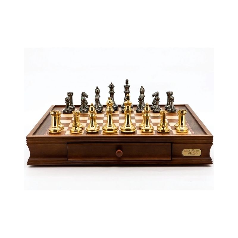 Dal Rossi Staunton Brass Chess Pieces On 50cm Walnut Finish Chess Board With Compartments
