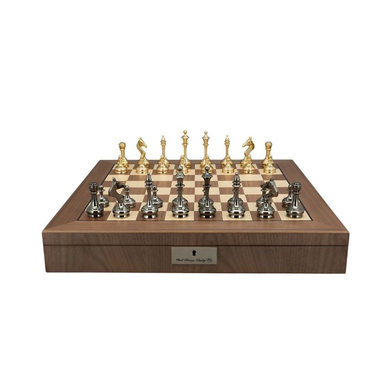 Dal Rossi Staunton Brass & Titanium Chess Pieces On 50cm Walnut Inlaid Chess Board With Compartments