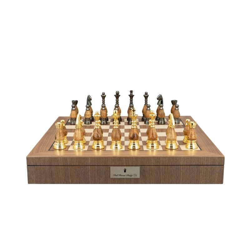Dal Rossi Staunton Metal & Wood Gold Chess Pieces On 50cm Walnut Inlaid Chess Board With Compartments