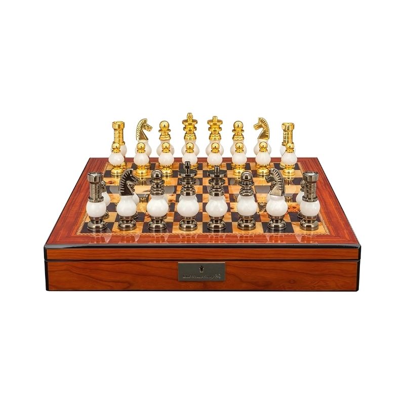 Dal Rossi White Stone And Gold Chess Pieces On 50cm Walnut Finish Chess Board With Compartments